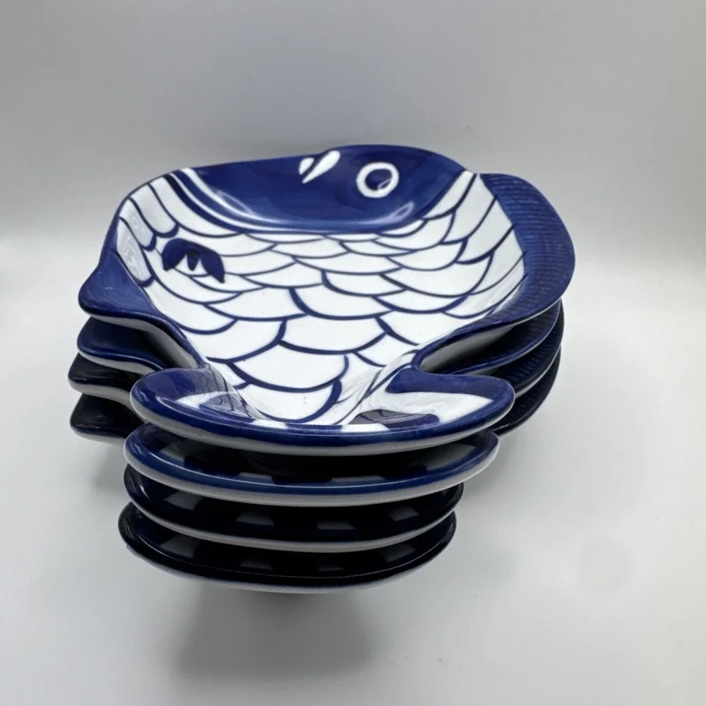 Vintage 90s Dansk Arabesque Fish Bowl Serving Platter Plate Blue & White Set 4